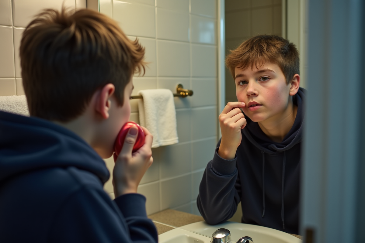 Adolescent examinant son visage dans le miroir de la salle de bain