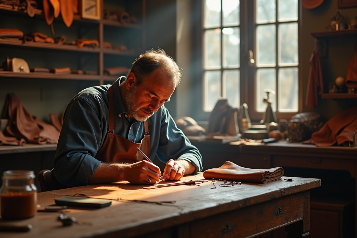 Atelier Hermès vintage avec artisan travaillant le cuir