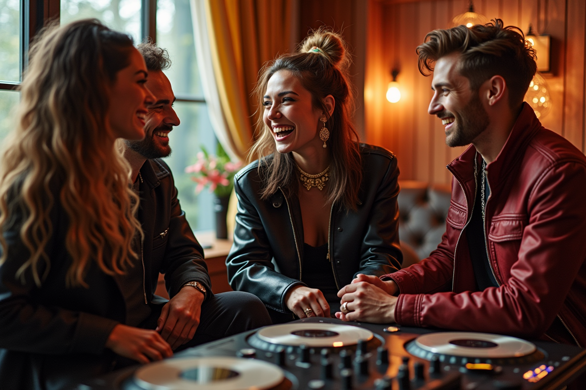 Djs en backstage lounge avec records et équipement haut de gamme