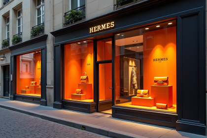 Vitrine Hermès élégante à Paris avec sacs et écharpes