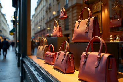 Vitrine élégante avec sacs de luxe à Paris