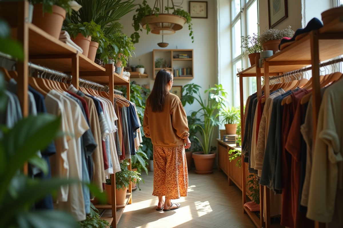 Personne stylée parcourant des vêtements recyclés dans une boutique écologique