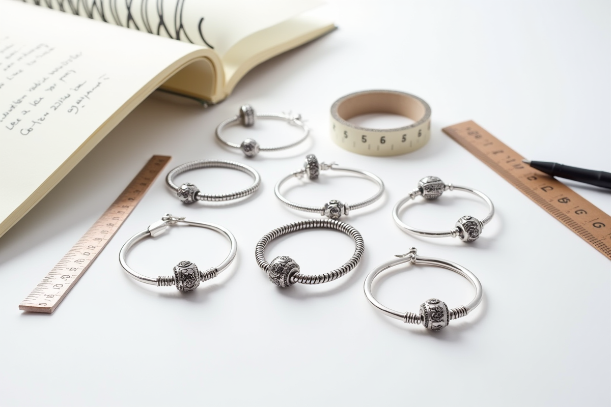 Bracelets Pandora avec outils de mesure et notes manuscrites