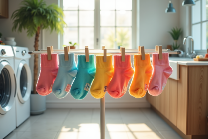 Buanderie moderne avec chaussettes colorées suspendues