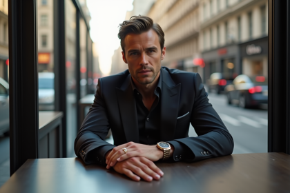 Célébrité élégante en costume au café avec montre