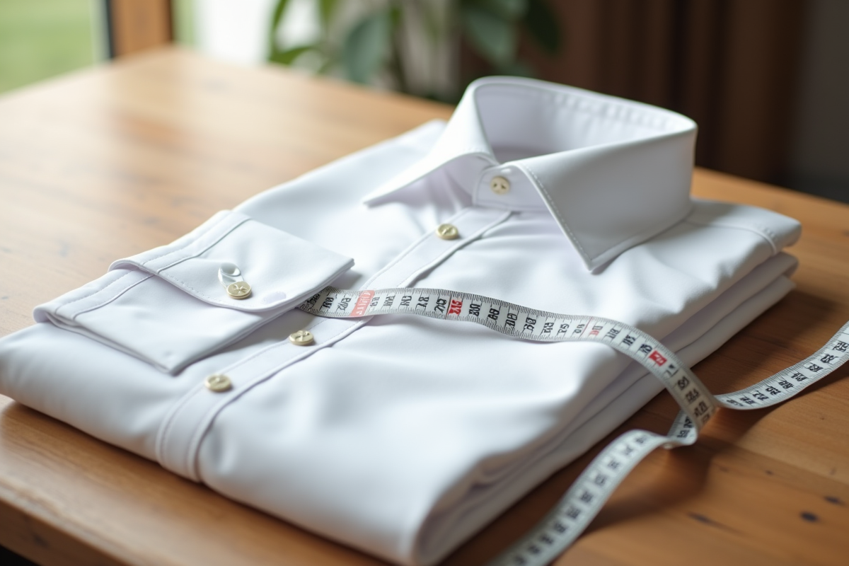 Chemise blanche posée sur une table avec un mètre ruban en lumière naturelle