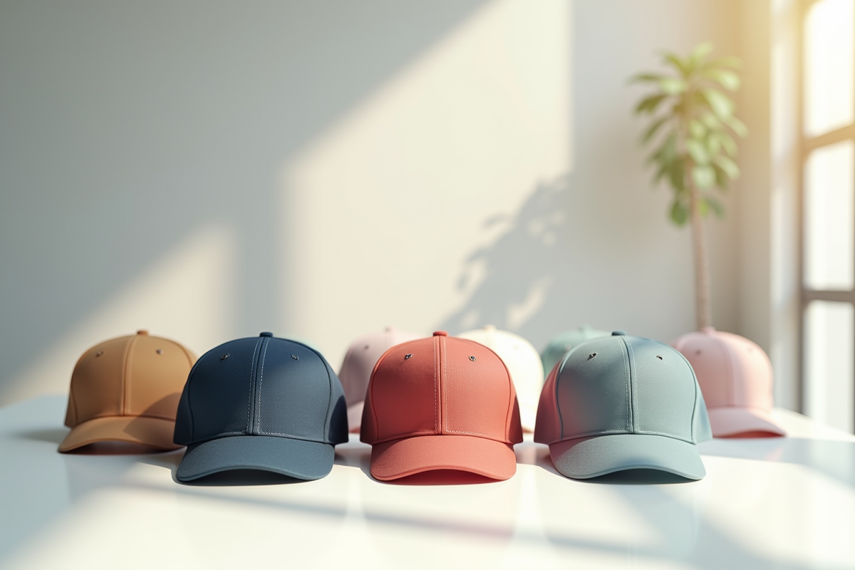 Collection de casquettes colorées et textures variées sur une table blanche