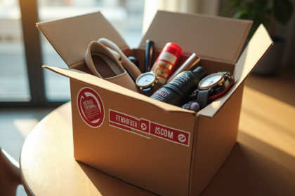 Box en carton avec objets interdits pour la vente
