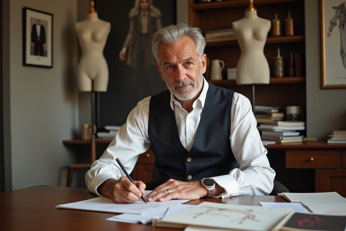 Couturier dessinant un nouveau modèle sur son bureau