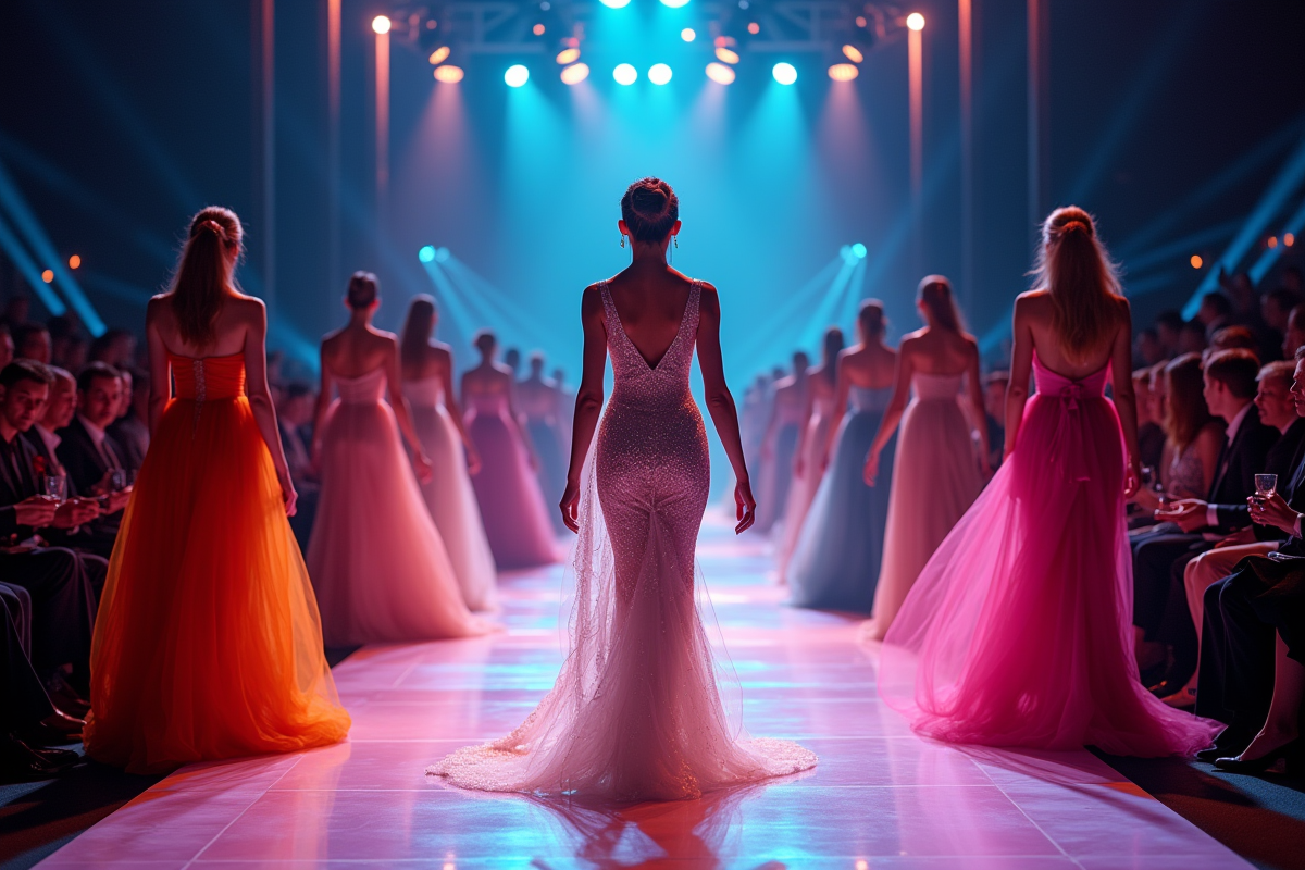 Défilé de mode haute couture avec designer et mannequins