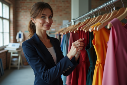 Cr&eacute;atrice de mode &eacute;l&eacute;gante en atelier avec robes color&eacute;es