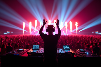 DJ célèbre en performance sur scène de nuit avec foule et lumières