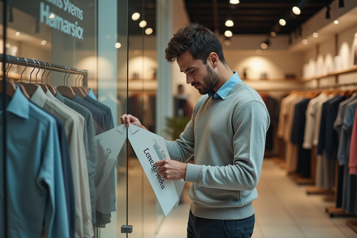 Employe de magasin retirant une enseigne dans un espace vide