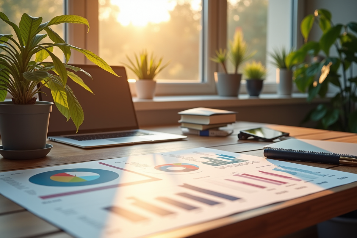 Espace de travail avec rapports de tendances et graphiques sur un bureau ensoleille