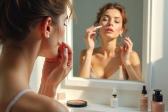 Femme appliquant un primer léger sur la joue devant miroir lumineux