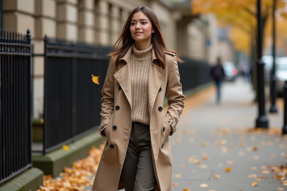 Femme élégante en trench beige automne en ville