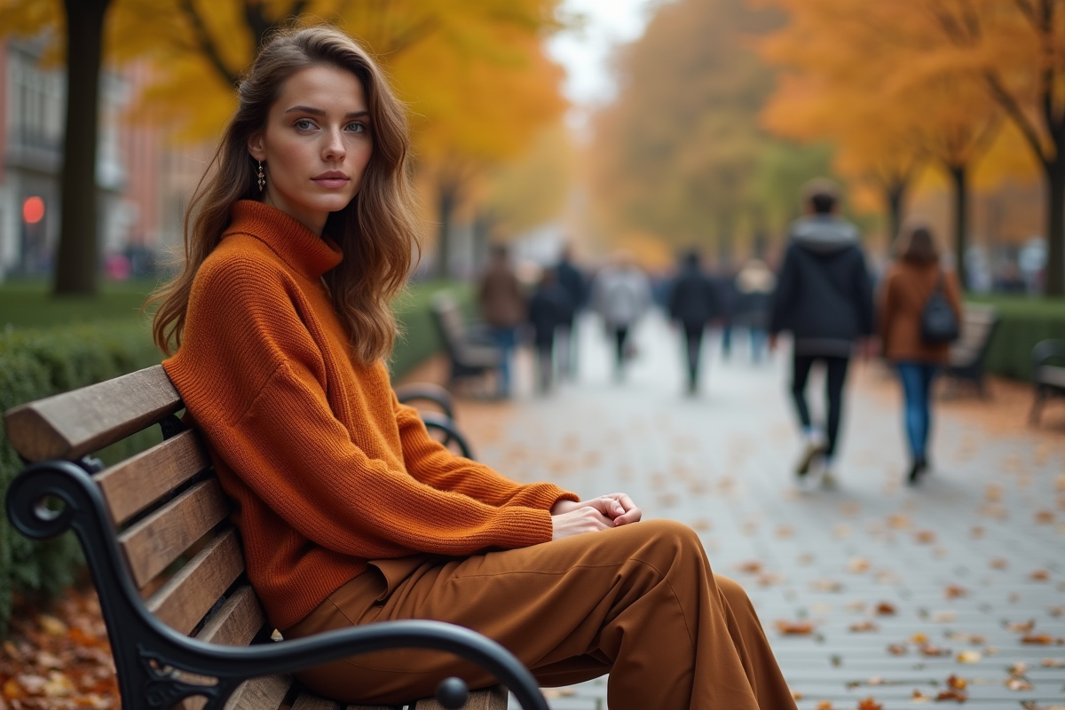 Femme en pull orange et pantalon en ville en automne