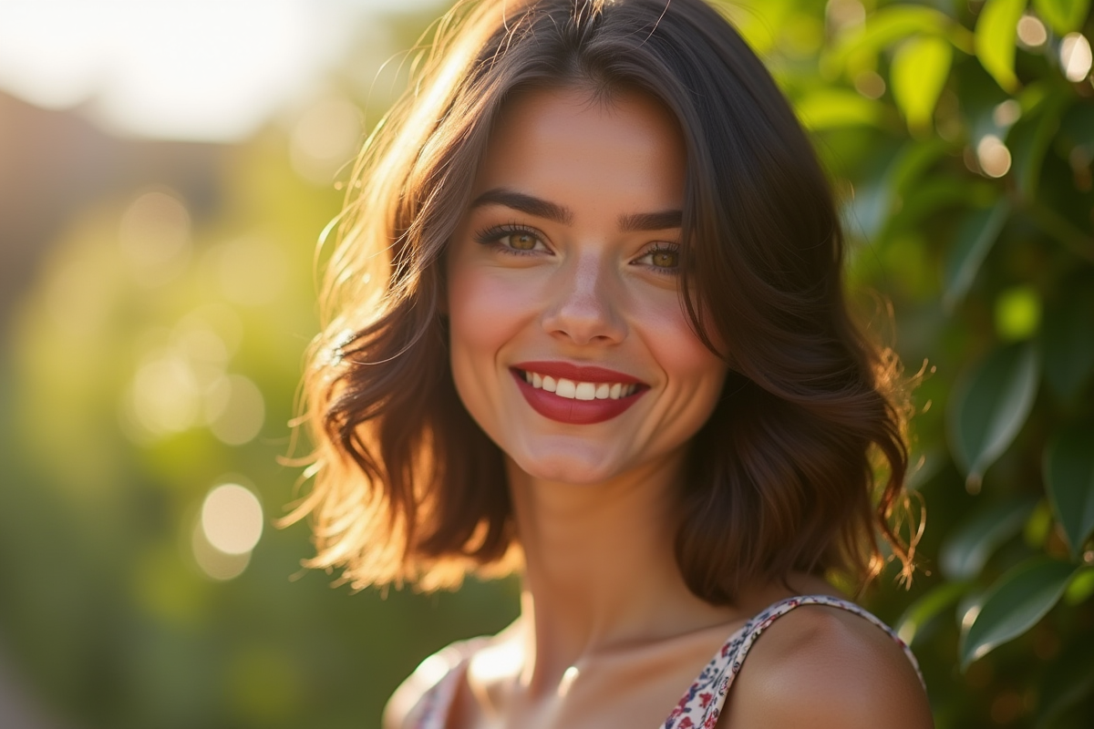 Femme brune souriante applique un rouge à lèvres rouge en plein air
