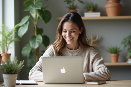 Jeune femme souriante au bureau vérifiant ses stats sociales