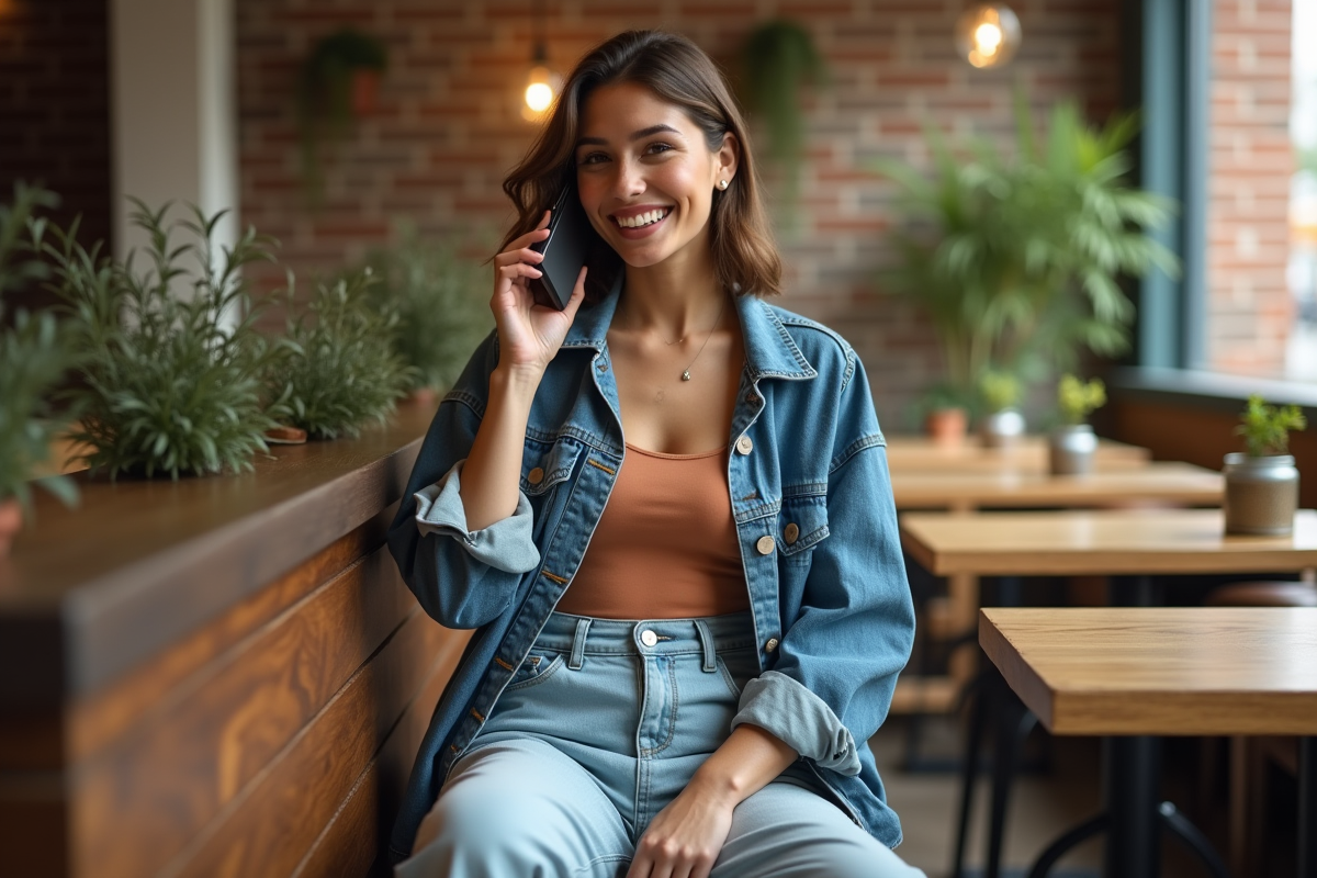 Femme souriante en café discutant sur son téléphone