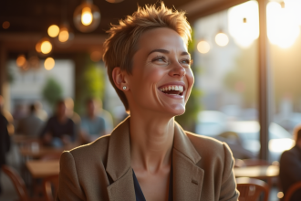 Femme confiante avec cheveux courts riant dans un café urbain ensoleille