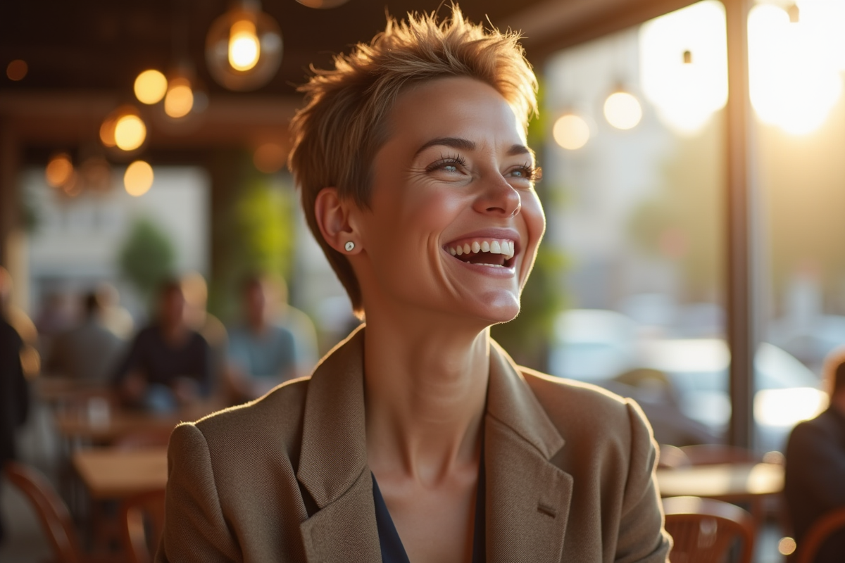 Femme confiante avec cheveux courts riant dans un café urbain ensoleille
