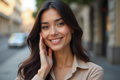 Femme confiante au visage rond souriant doucement en lumière naturelle