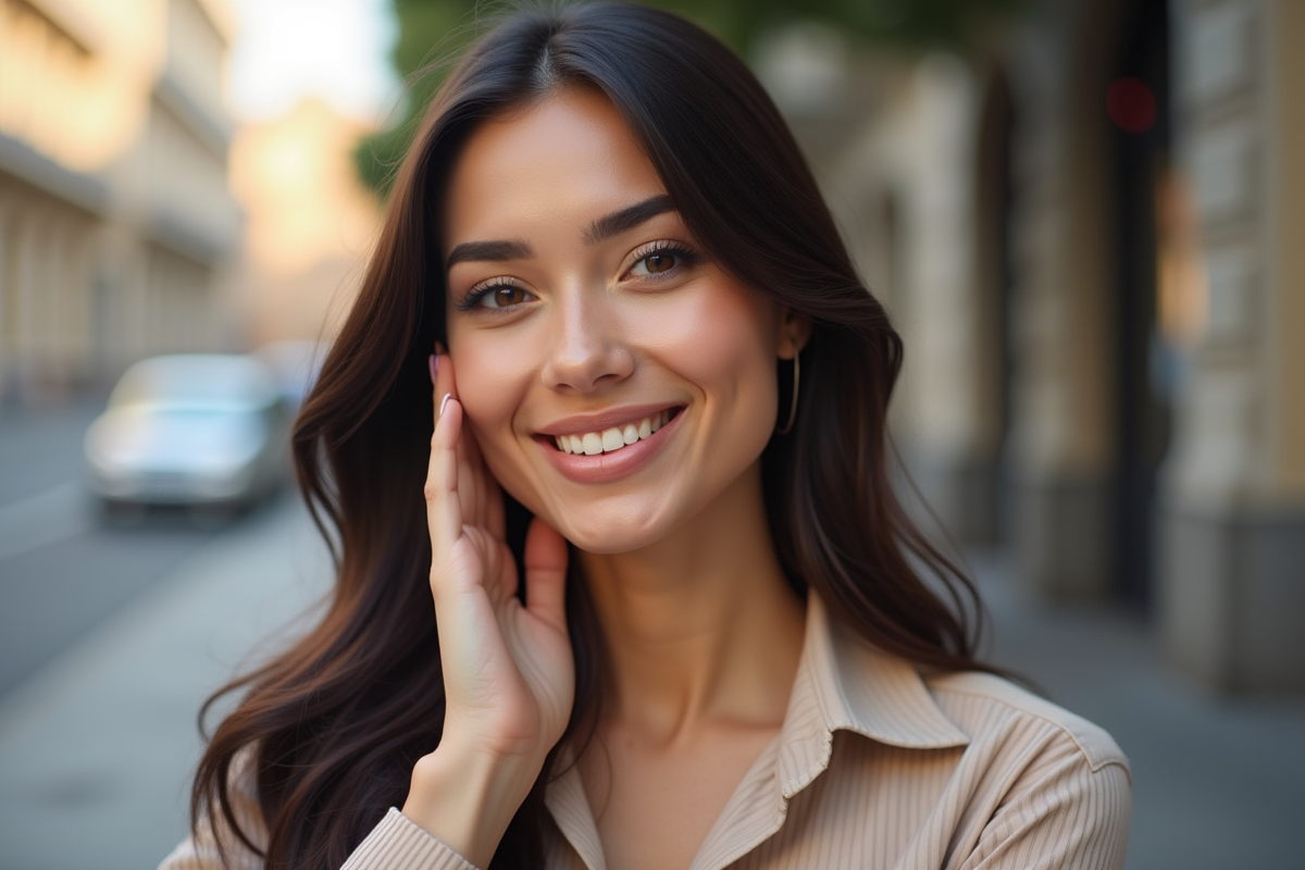Femme confiante au visage rond souriant doucement en lumière naturelle