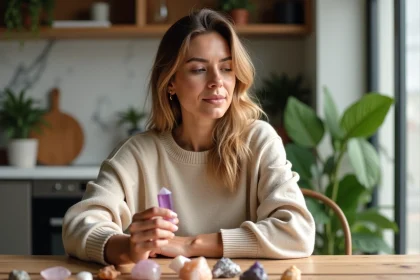 Femme tenant un cristal dans une cuisine lumineuse