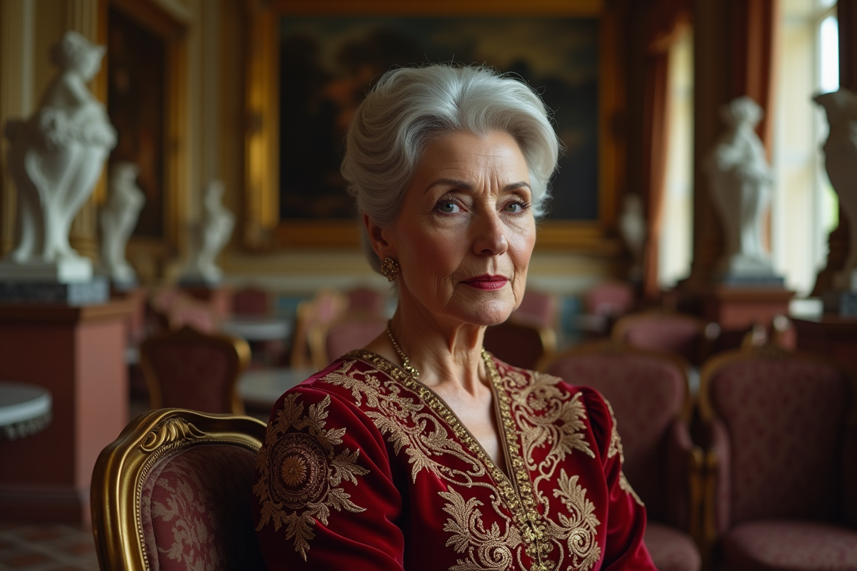 Femme élégante en salon parisien avec robe en velours