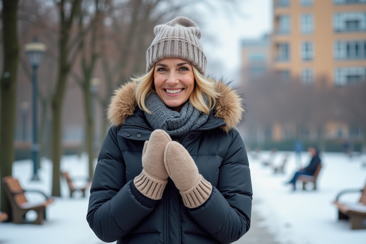 Femme d'âge moyen en manteau d'hiver et mitaines dans un parc enneigé