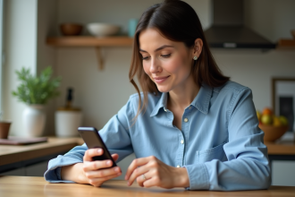 Femme en cuisine mesurant son anneau avec son smartphone