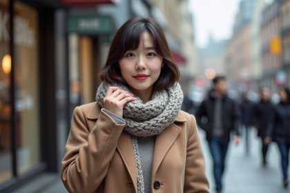 Femme en manteau et écharpe dans une ville animée