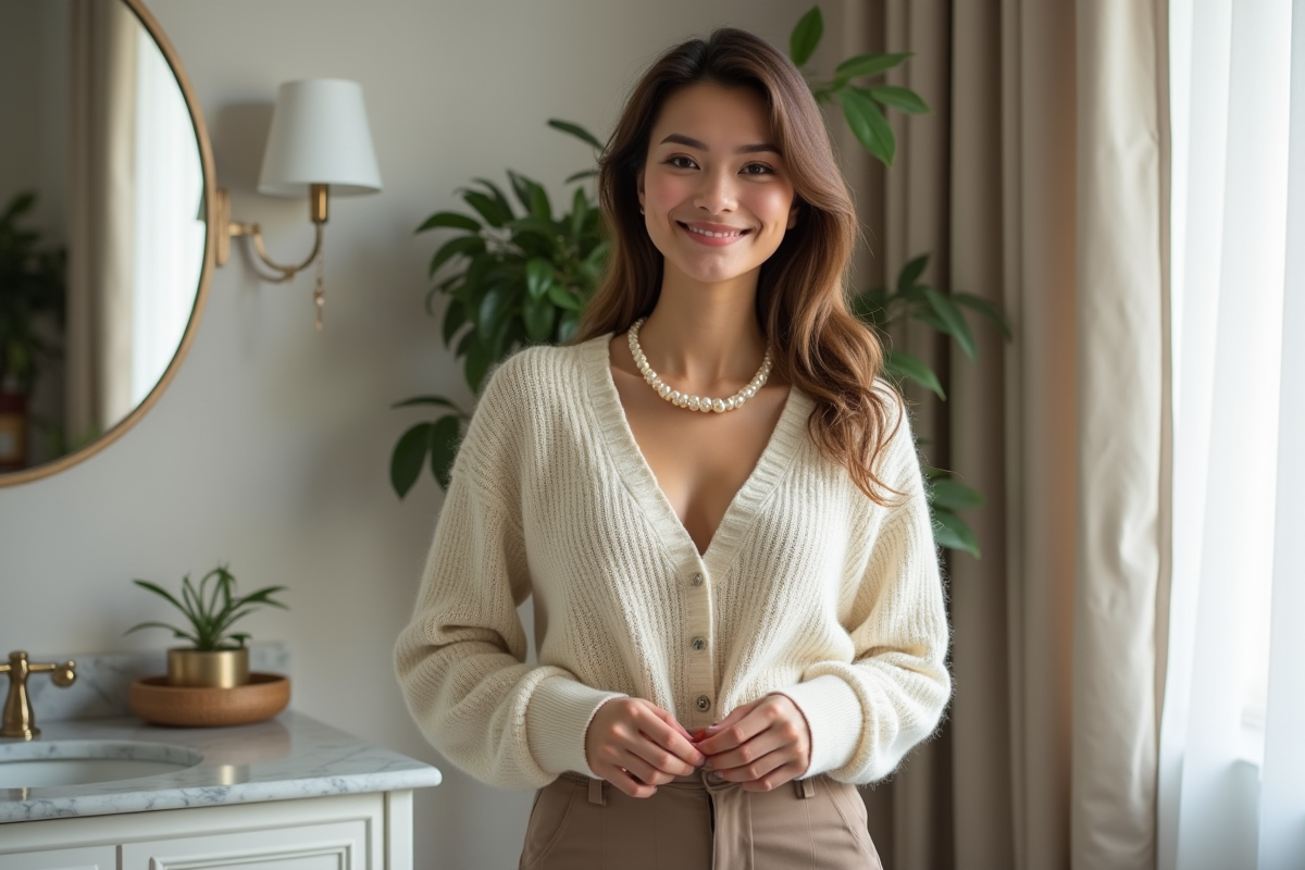 Femme élégante portant un collier de perles dans une chambre moderne