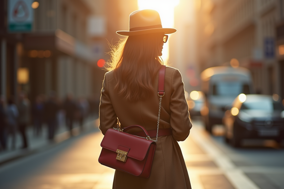 Femme élégante marchant en ville avec sac à main tendance