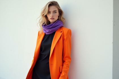 Femme élégante portant une robe noire avec veste orange et foulard violet
