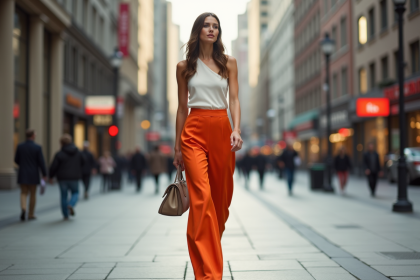 Femme élégante marchant dans la ville avec pantalon large coloré
