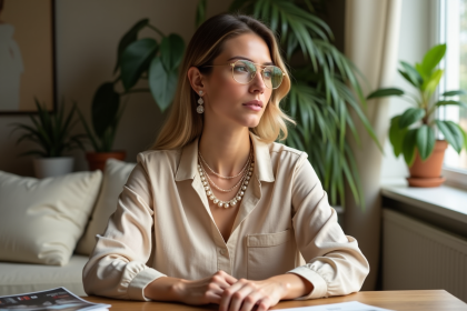 Femme élégante ajustant un collier de perles dans un salon lumineux