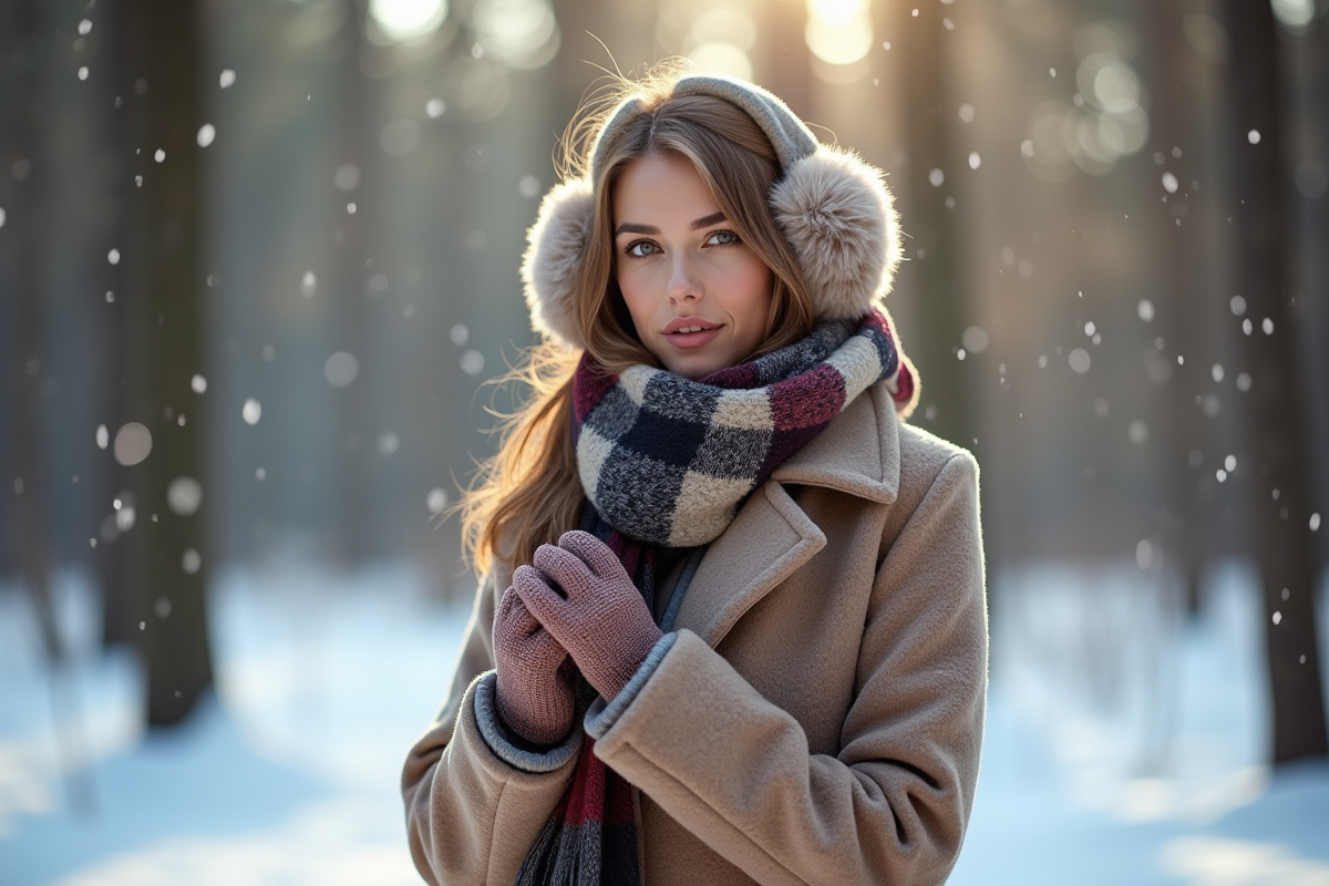 Femme élégante dans une forêt enneigée en hiver