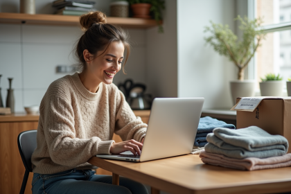 Femme souriante avec vêtements vintage recyclés à la maison