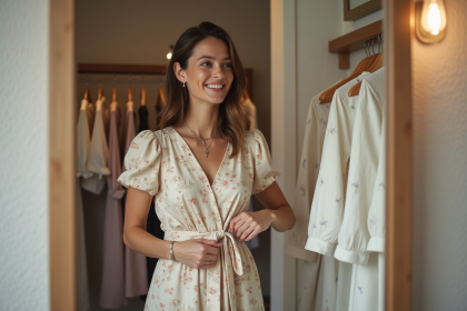 Femme en robe &eacute;l&eacute;gante dans une cabine de boutique