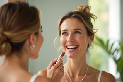 Femme mature appliquant un rouge à lèvres naturel dans la salle de bain