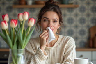 Femme avec rouge a levres dans une cuisine chaleureuse