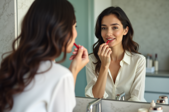 Femme appliquant du rouge à lèvres devant un miroir dans une salle de bain moderne