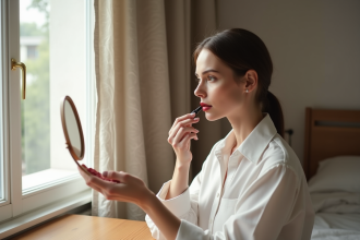 Femme appliquant du rouge à lèvres dans un miroir
