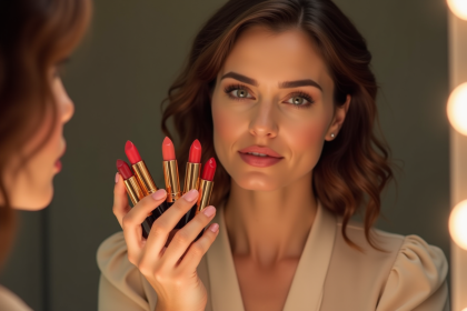 Femme brune avec blouse crème compare plusieurs rouges à lèvres