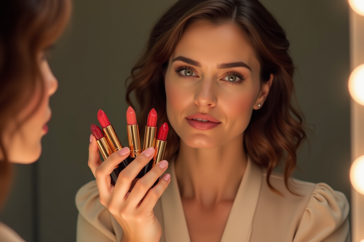 Femme brune avec blouse crème compare plusieurs rouges à lèvres