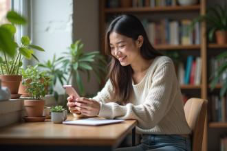 Jeune femme souriante utilisant son smartphone dans un bureau cosy