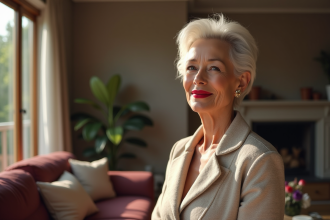 Femme senior souriante dans un salon moderne ensoleille