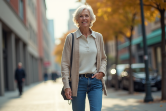 Femme senior souriante en jeans et pull dans la ville